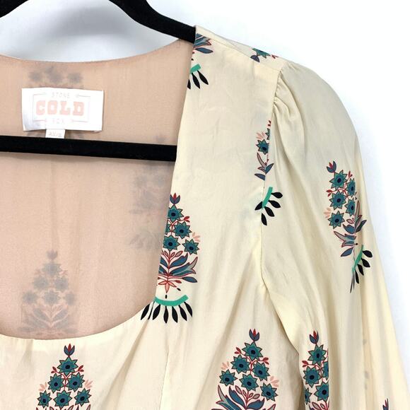 Stone Cold Fox Hamlet Dress Womens Size XS/S Ivory Fleur Print Bell Sleeve Silk - Picture 3 of 7